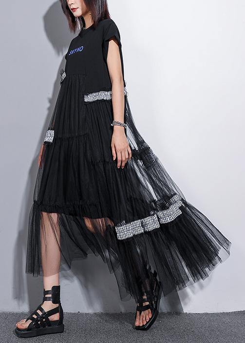 Unique o neck patchwork tulle cotton dress black Art Dresses summer - SooLinen