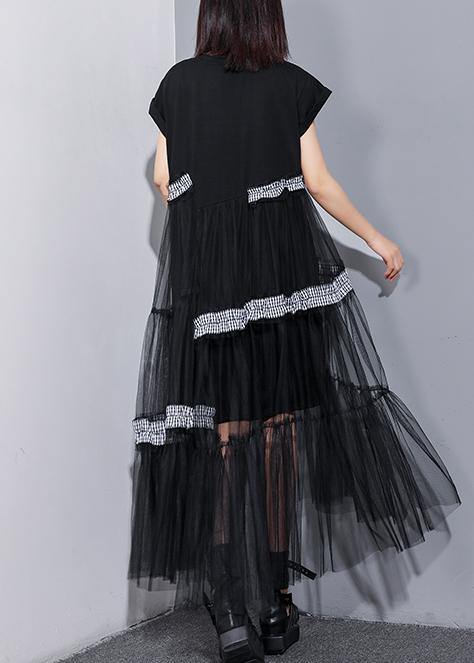 Unique o neck patchwork tulle cotton dress black Art Dresses summer - SooLinen