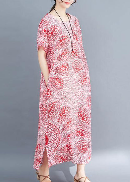 Unique o neck side open cotton Soft Surroundings plus size pattern red print Plus Size Clothing Dresses Summer - SooLinen