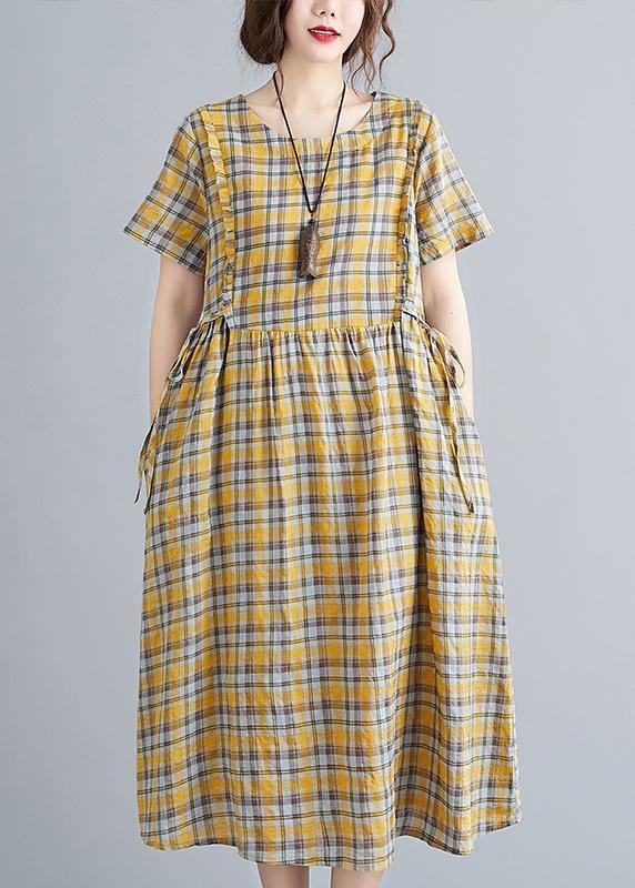 Unique o neck tie waist clothes Neckline yellow plaid loose Dress - SooLinen