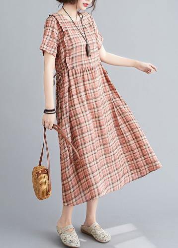 Unique o neck tie waist clothes Neckline yellow plaid loose Dress - SooLinen