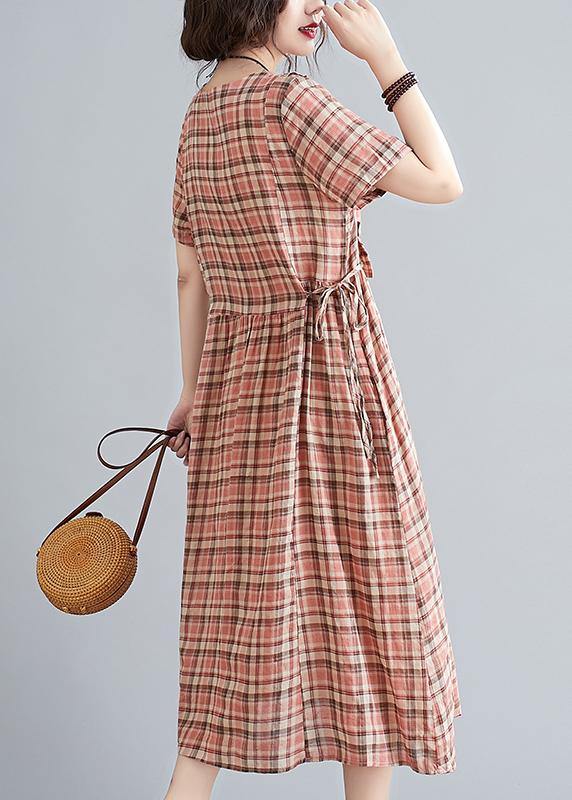 Unique o neck tie waist clothes Neckline yellow plaid loose Dress - SooLinen