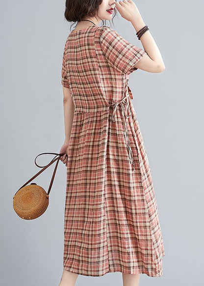 Unique o neck tie waist clothes Neckline yellow plaid loose Dress - SooLinen