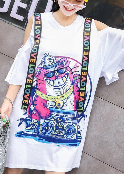 Unique off the shoulder Cotton clothes Women Shape white prints Dress summer - SooLinen