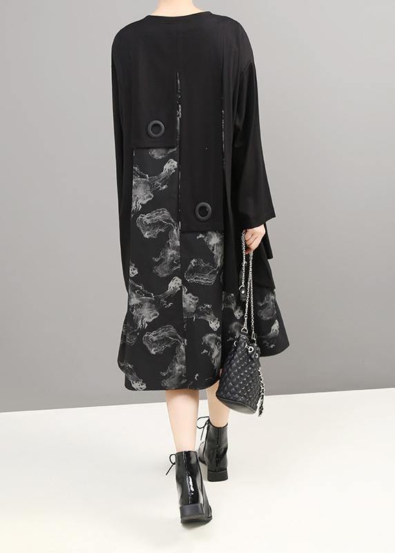 Unique patchwork cotton prints dress Shirts black Dress - SooLinen