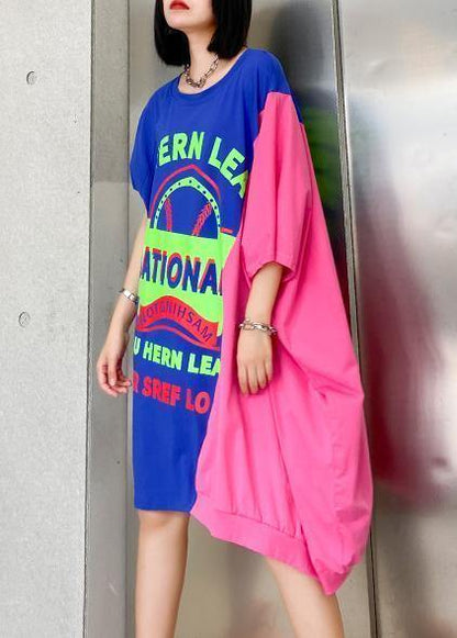 Unique patchwork o neck Cotton tunic dressSewing blue Letter Dress - SooLinen