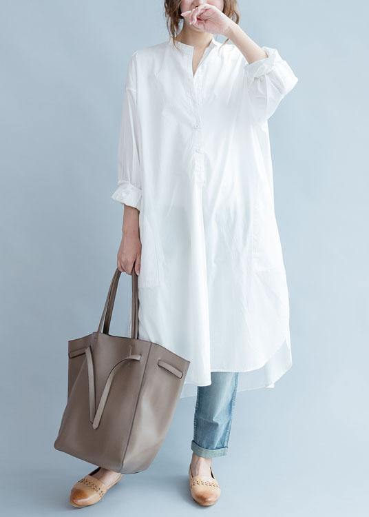Unique side open cotton tunic pattern white Dresses fall - SooLinen