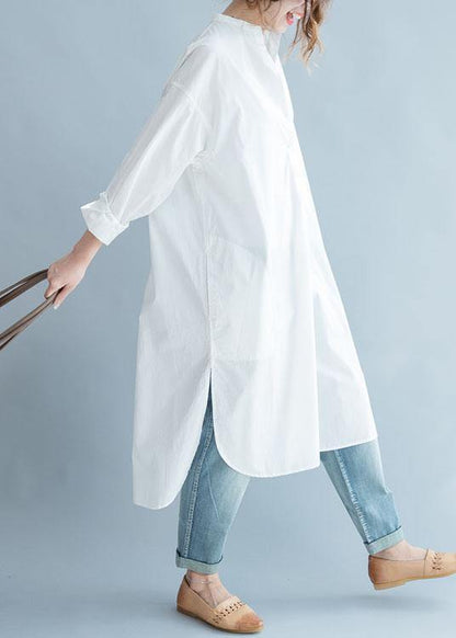 Unique side open cotton tunic pattern white Dresses fall - SooLinen