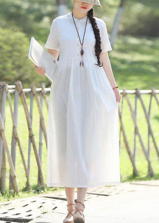 Unique stand collar linen cotton dress Sewing white Traveling Dress summer - SooLinen