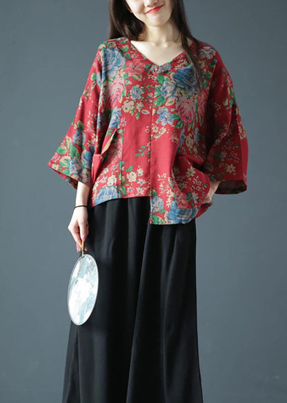 Unique v neck asymmetric clothes red print Dresses blouses - SooLinen