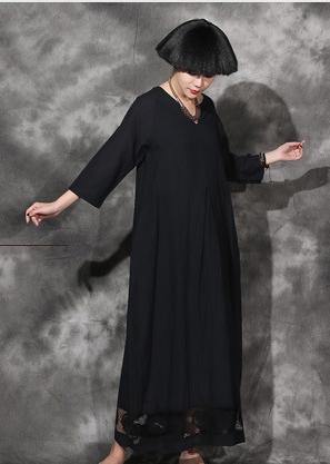 Unique v neck cotton dress Wardrobes black patchwork lace hem Plus Size Dress summer - SooLinen