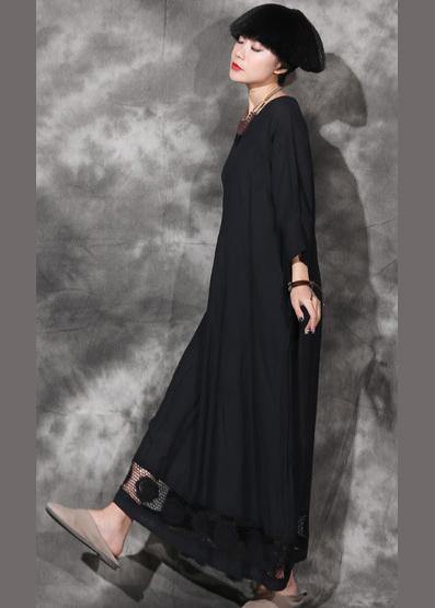 Unique v neck cotton dress Wardrobes black patchwork lace hem Plus Size Dress summer - SooLinen