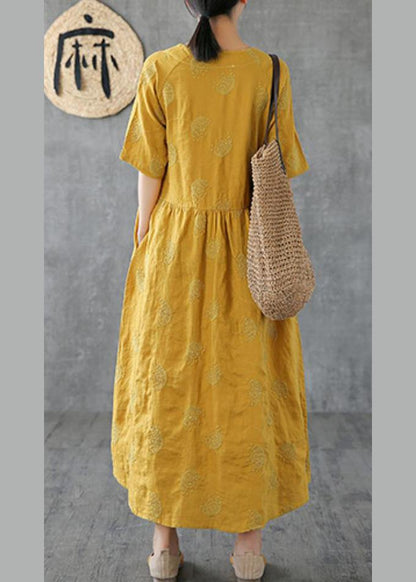 Unique v neck embroidery linen Robes Runway yellow Dress - SooLinen
