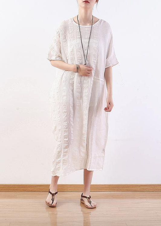 Unique white linen clothes o neck half sleeve Plus Size summer Dresses - SooLinen