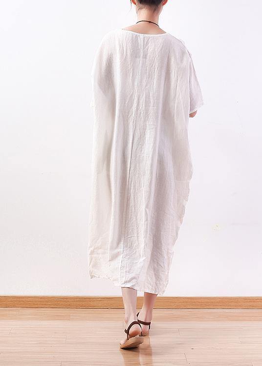 Unique white linen clothes o neck half sleeve Plus Size summer Dresses - SooLinen