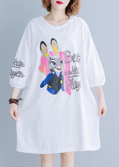 Unique white prints Cotton dress back lace patchwork baggy summer Dress - SooLinen