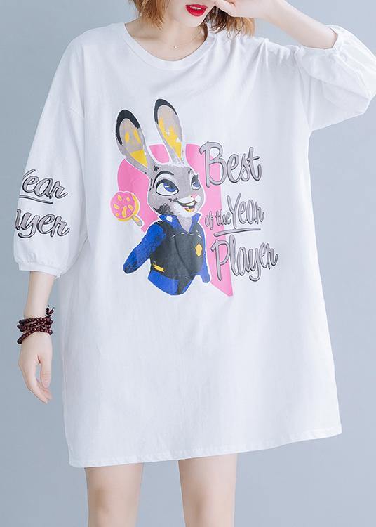 Unique white prints Cotton dress back lace patchwork baggy summer Dress - SooLinen