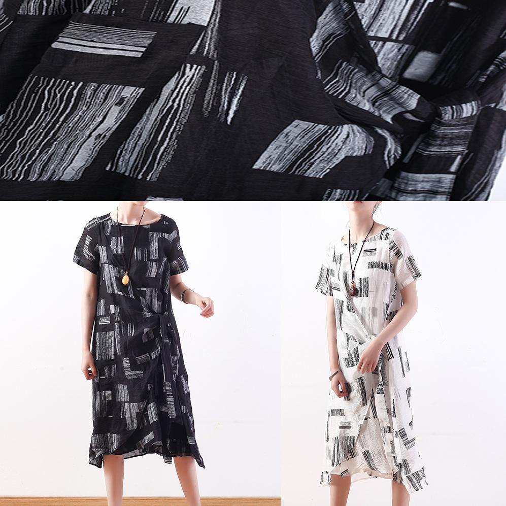 Unique white prints silk linen Robes tie waist cotton summer Dress - SooLinen