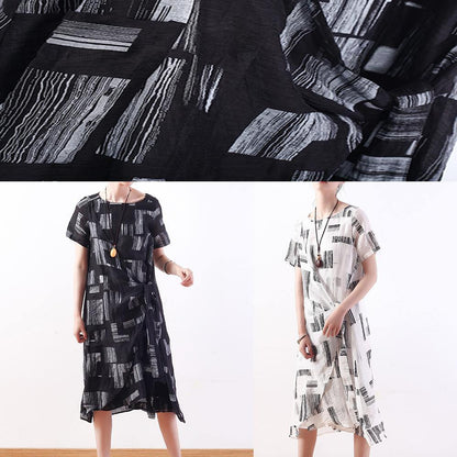 Unique white prints silk linen Robes tie waist cotton summer Dress - SooLinen