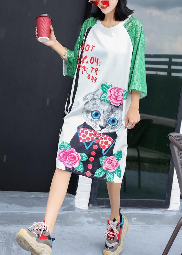 Unique white short sleeve cotton Long Shirts prints Maxi Dress - SooLinen