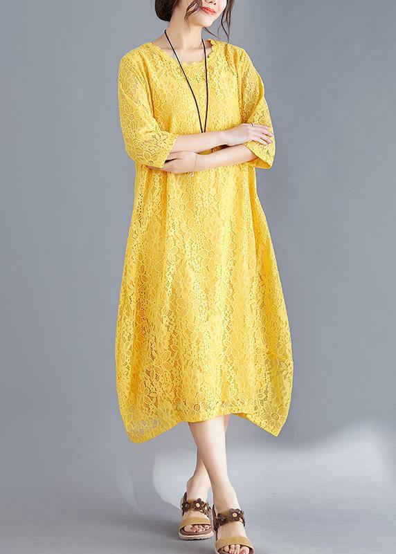 Unique yellow cotton outfit Indian Sleeve Half sleeve o neck Maxi Summer Dresses - SooLinen