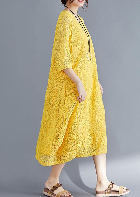 Unique yellow cotton outfit Indian Sleeve Half sleeve o neck Maxi Summer Dresses - SooLinen