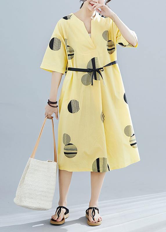 Unique yellow dotted cotton linen clothes For Women v neck half sleeve daily summer Dress - SooLinen