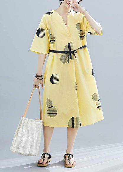 Unique yellow dotted cotton linen clothes For Women v neck half sleeve daily summer Dress - SooLinen