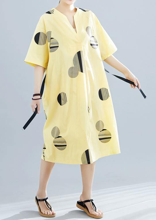 Unique yellow dotted cotton linen clothes For Women v neck half sleeve daily summer Dress - SooLinen