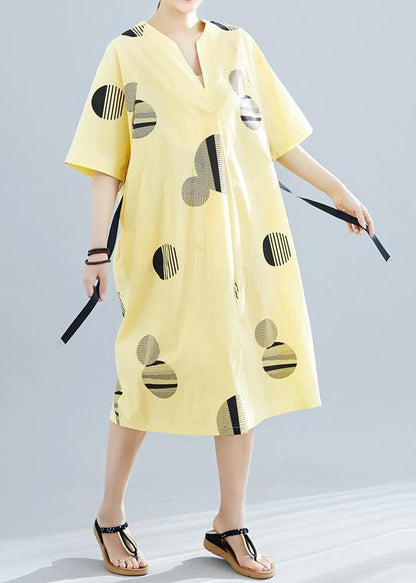 Unique yellow dotted cotton linen clothes For Women v neck half sleeve daily summer Dress - SooLinen