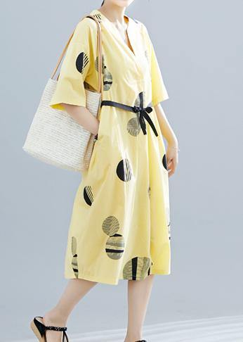 Unique yellow dotted cotton linen clothes For Women v neck half sleeve daily summer Dress - SooLinen
