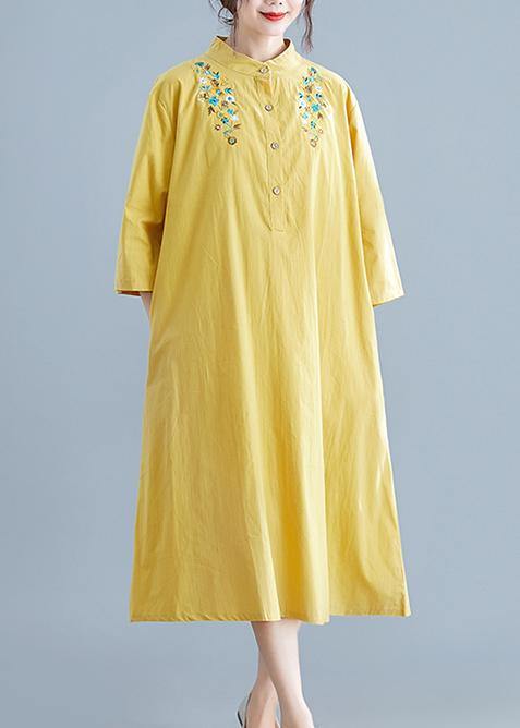 Unique yellow embroidery cotton clothes stand collar pockets Plus Size summer Dress - SooLinen