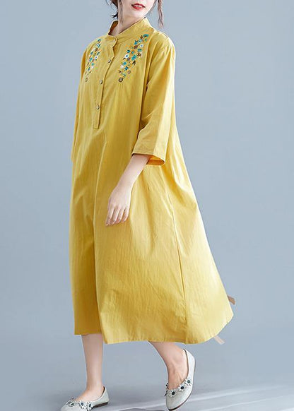 Unique yellow embroidery cotton clothes stand collar pockets Plus Size summer Dress - SooLinen
