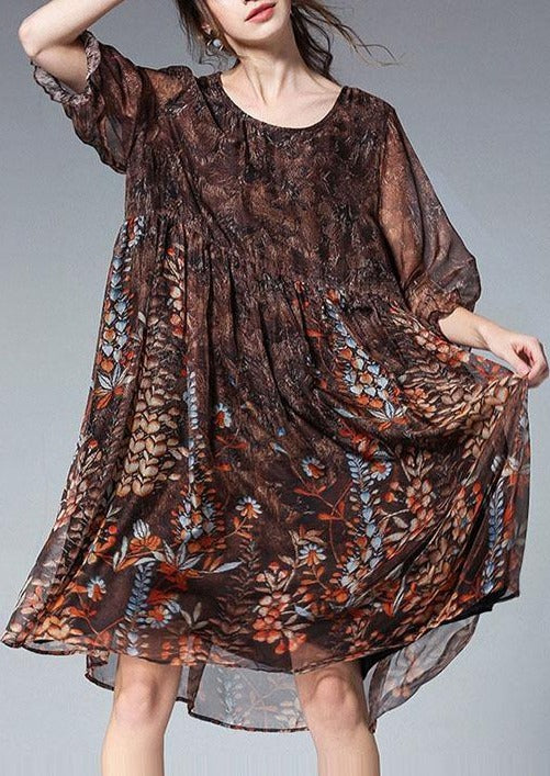 Unique Blue Print Tunic Pattern O Neck Cinched Plus Size Summer Dresses - SooLinen