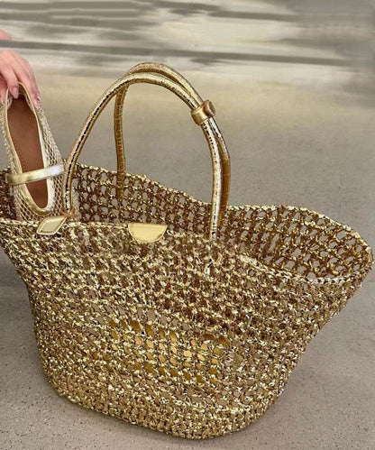 Vacation Style Faux Leather Woven Hollow Out Gold Shoulder Bag