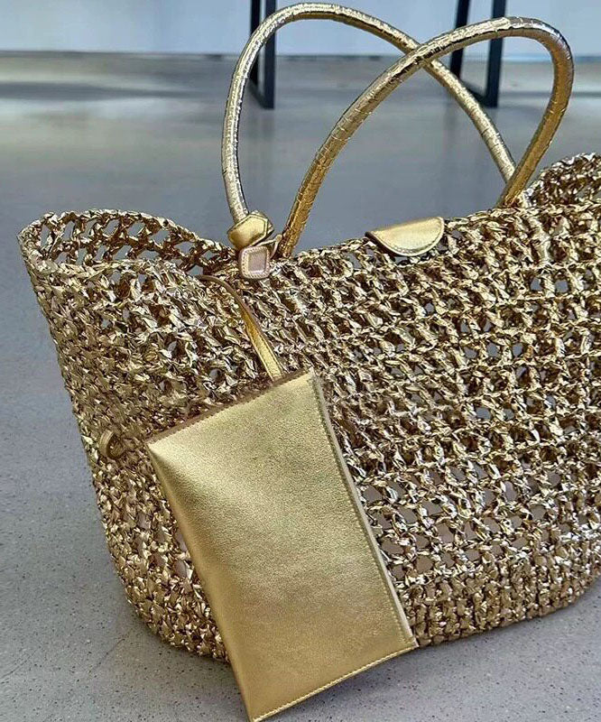 Vacation Style Faux Leather Woven Hollow Out Gold Shoulder Bag