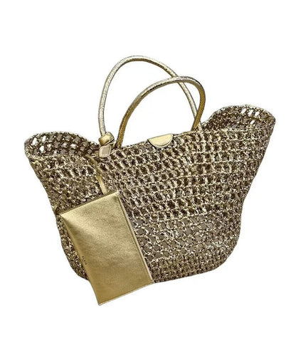 Vacation Style Faux Leather Woven Hollow Out Gold Shoulder Bag