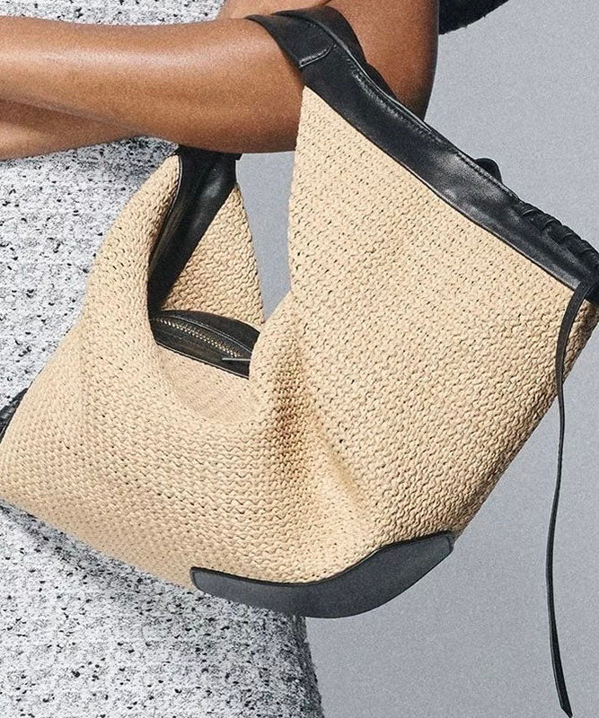 Vacation Style Khaki Large Capacity Straw Woven Tote Bag