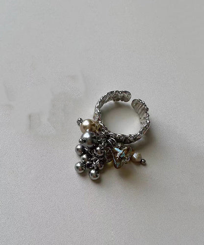 Vintage Alloy Floral Pearl Tassel Open Rings
