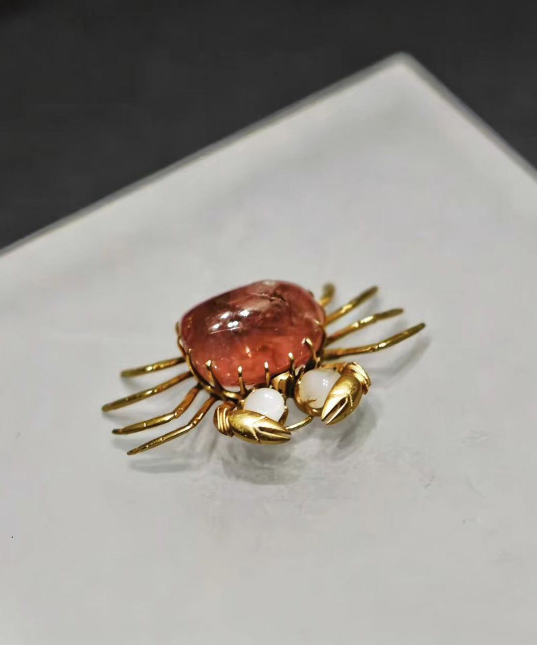 Vintage Alloy Imitation Pearl Simulated Ruby Crab Brooches Pendant Two-Way