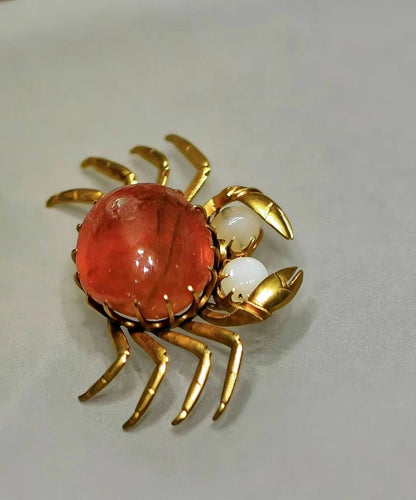 Vintage Alloy Imitation Pearl Simulated Ruby Crab Brooches Pendant Two-Way