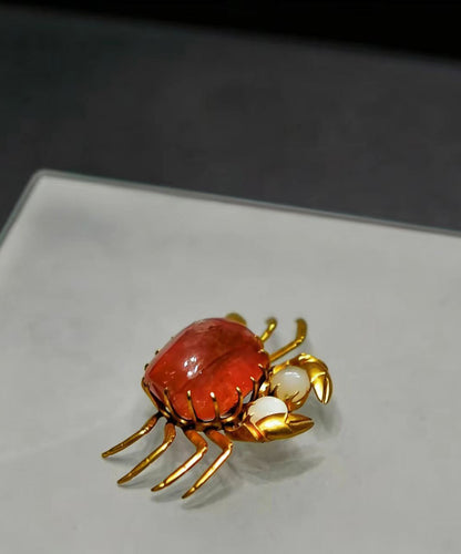 Vintage Alloy Imitation Pearl Simulated Ruby Crab Brooches Pendant Two-Way