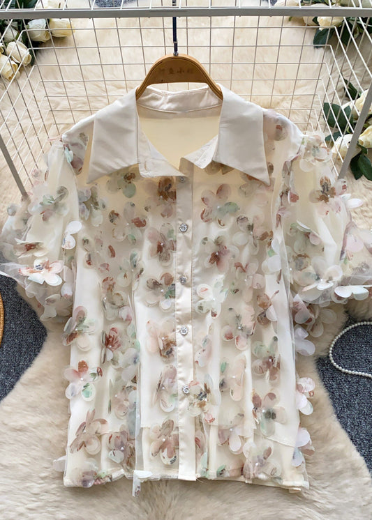 Vintage Apricot Oversized Floral Tulle Blouse Tops Summer