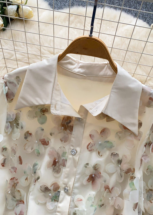 Vintage Apricot Oversized Floral Tulle Blouse Tops Summer