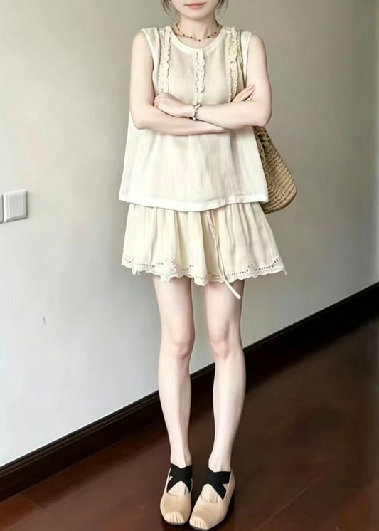 Vintage Apricot Ruffled Sheer Cotton Two Pieces Set Sleeveless