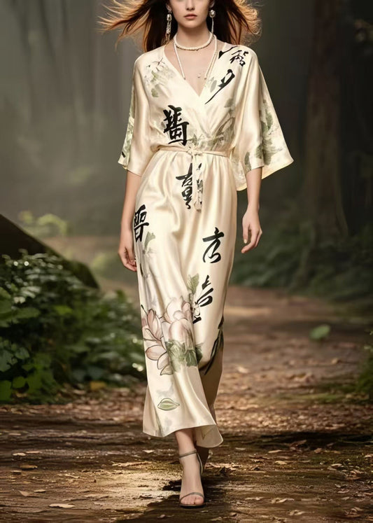 Vintage Apricot V Neck Print Draping Silk Long Dress Summer