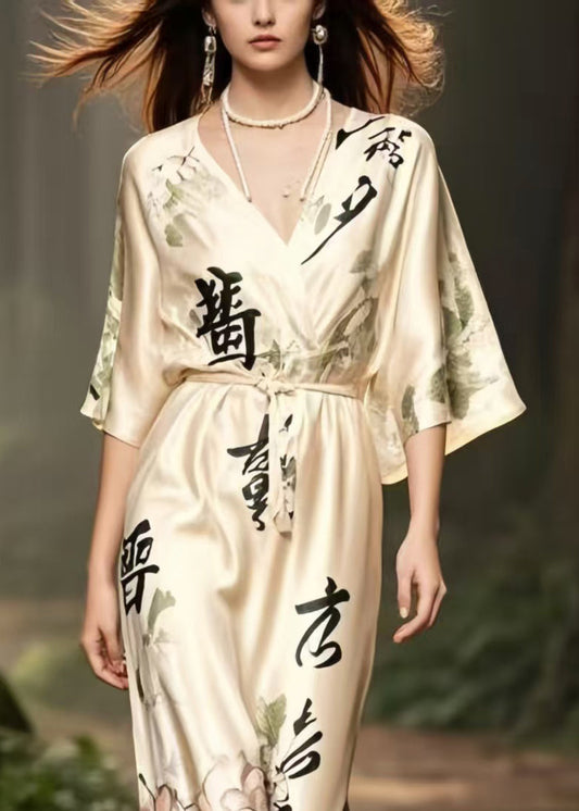 Vintage Apricot V Neck Print Draping Silk Long Dress Summer