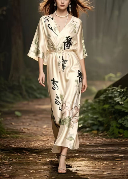 Vintage Apricot V Neck Print Draping Silk Long Dress Summer