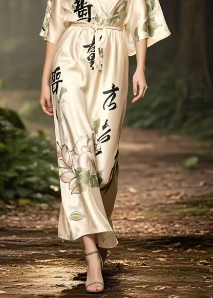 Vintage Apricot V Neck Print Draping Silk Long Dress Summer