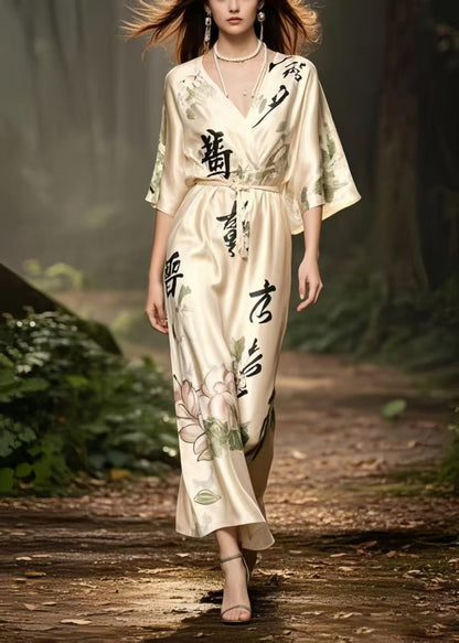 Vintage Apricot V Neck Print Draping Silk Long Dress Summer